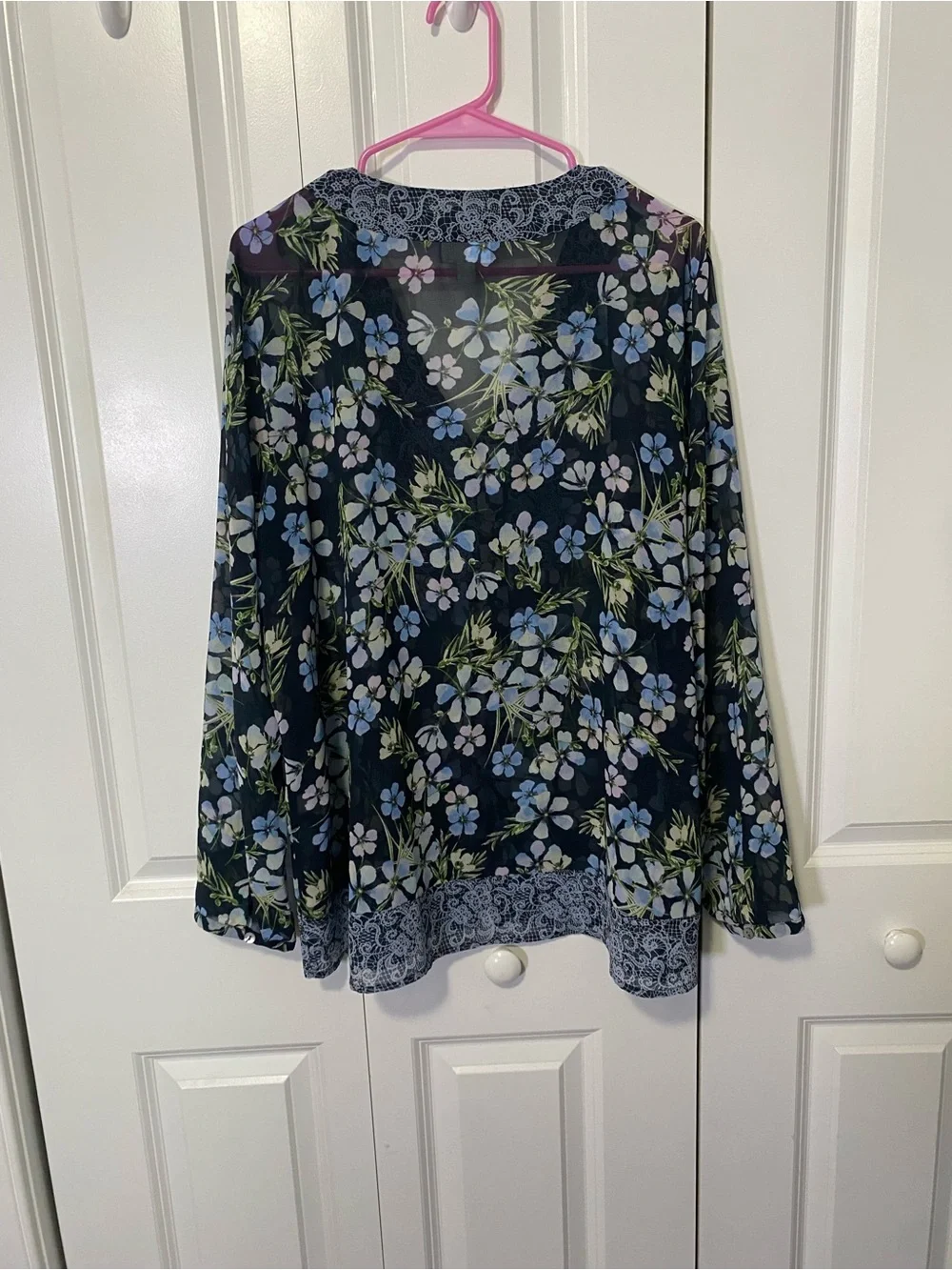 J Jill Navy Floral Lace V-Neck Peasant Blouse
